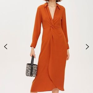 Topshop Twist Front Midi Dress in orange/rust